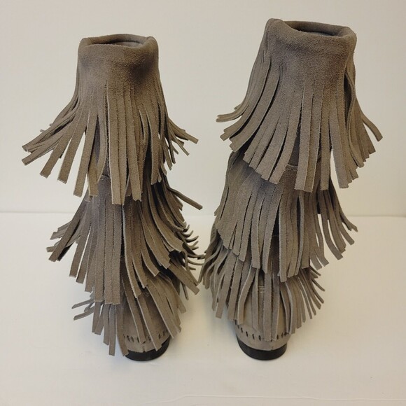 Minnetonka Suede Calf Hi 3-Layer Fringe Moccasin Pocahontas Cowgirl Western Boot - Picture 4 of 11